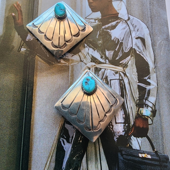 Sterling Silver and Turquoise ( Native Made & Signed) Clip On's - Picture 6 of 7